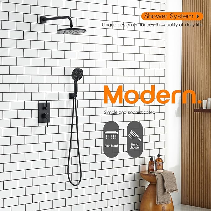 Bathroom Rainfall Shower System Set with 10'' Rain Shower Head, 3-Setting Handheld Spray, Valve Included Wall Mounted Matte Black SF001MB-D10