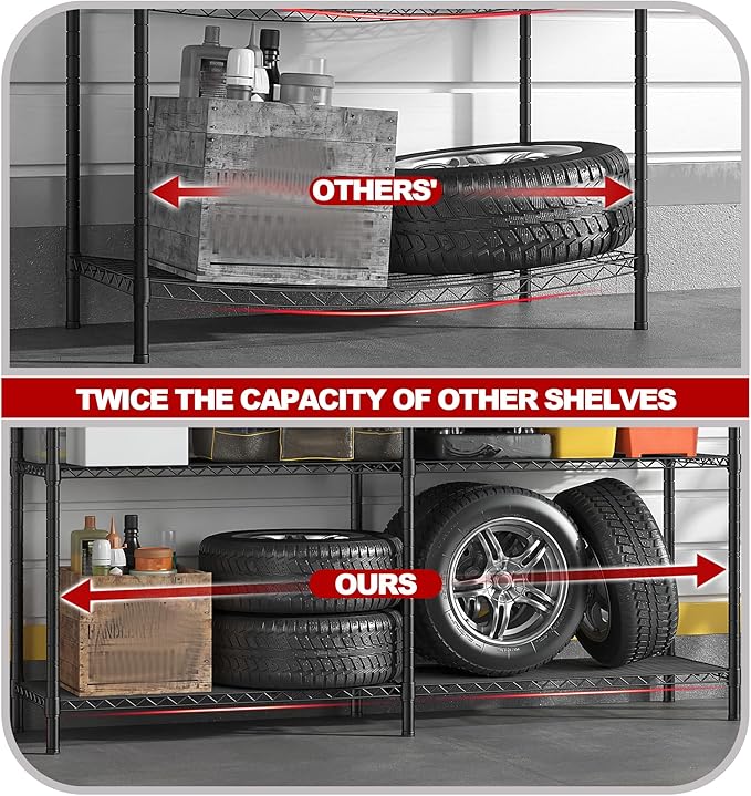 REIBII 5 Tier Wire Shelving Storage Shelves Loads 1430LBS, 58" W Metal Shelving for Storage Adjustable Shelving Unit Heavy Duty Garage Shelves Pantry Shelves Kitchen, Black