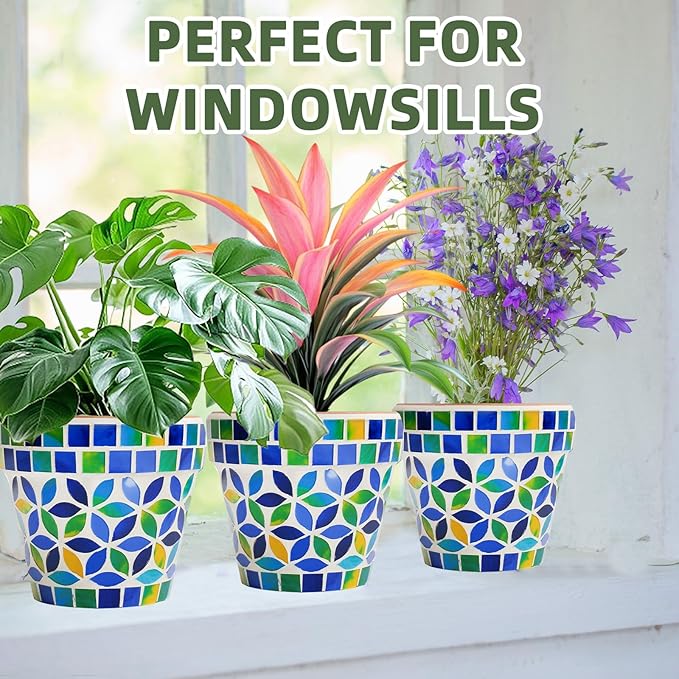 VOREEN 4.2 Inch Decorative Mosaic Terracotta Plant Pot, Handmade Glass Mosaic & Clay Flower Pot with Drainage Plug, Small Indoor Outdoor Planter for Home Decor, Windowsill, Balcony & Covered Patio