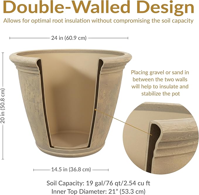 Sunnydaze 24-Inch Anjelica Large Plastic Pot for Plants - Double-Walled Outdoor Polyresin Round Planter Porch Pot with Drillable Drainage Holes - Beige - 2pk
