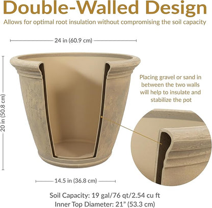Sunnydaze 24-Inch Anjelica Large Plastic Pot for Plants - Double-Walled Outdoor Polyresin Round Planter Porch Pot with Drillable Drainage Holes - Beige - 2pk