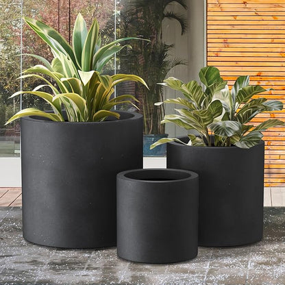 Kante 9.8",12.6",15.7" Dia Round Concrete Planter Set of 3, Modern Style Large Cylindrical Plant Pot with Drainage Hole and Rubber Plug for Indoor Outdoor Patio, Black