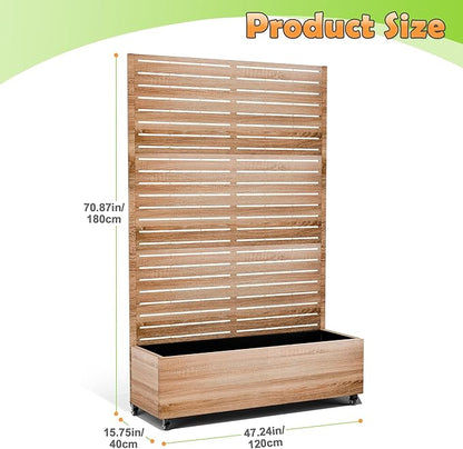 Metal Raised Garden Bed with Trellis, 2-in-1 Planter Box & Privacy Screen for Climbing Plants, Outdoor Standing Flower Bed with Drainage Holes, 47.2" L x 16.7" W x 70.8" H, Cut Oak Grain