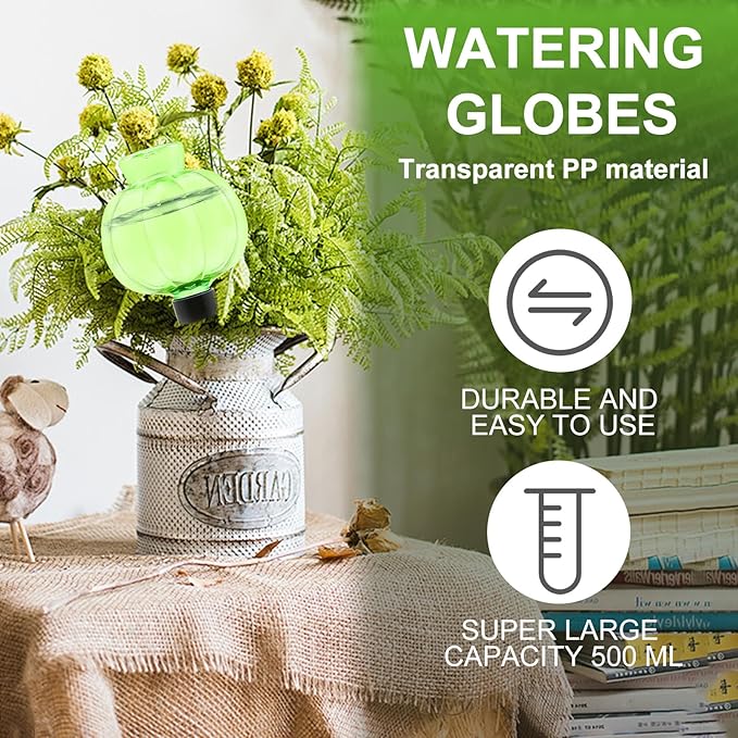 4 Pcs Plant Self Watering Globes, 17oz Large Plastic Water Bulbs Top Fill Watering Globes Slow Release Terracotta, Water Spikes Stakes for Indoor and Outdoor Plants (Green)