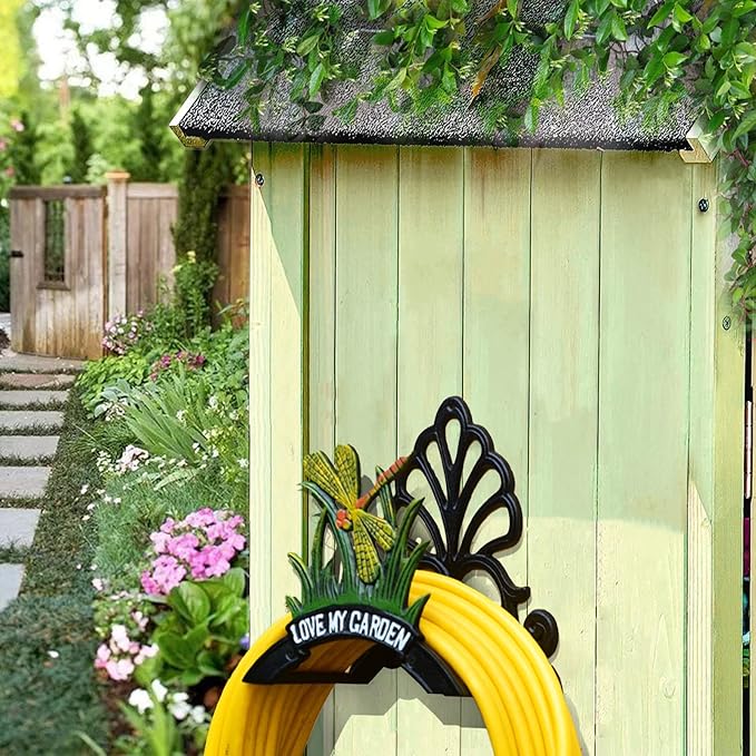 Decorative Garden Hose Holder, Hose Hanger, Heavy Duty Cast Iron Garden Yard Water Pipe Holds, Wall Mounted Hose Butler, Hose Rack Reel, 50FT 75FT 100FT Water Hose Bulter Storage (Dragonfly)