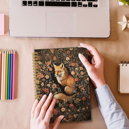 Fox Floral Spiral Notebook, Retro Black Cottagecore Floral Journaling Notebooks for Note Taking, Vintage Flower Aesthetic Hardcover Journals for Women 160 Pages 5.5x8.3 Inch, Fox Gifts for Women