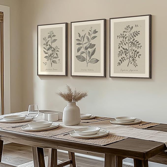 Framed Vintage Botanical Wall Art, 3 Piece Neutral Floral Plants Canvas Painting Prints Artwork for Living Room, Rustic Flowers Pictures for Farmhouse Bedroom Kitchen Dining Room Home Decor, 16x24