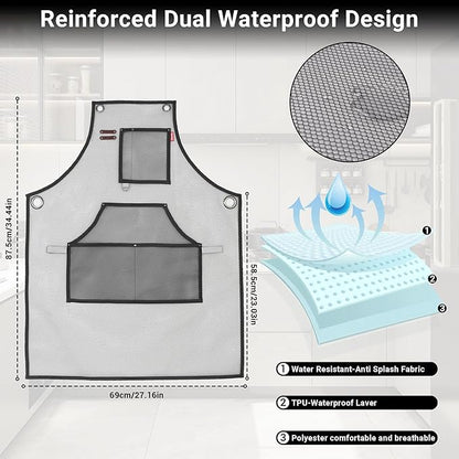 Waterproof Work Apron for Chefs, Hair Stylists, Artists, Gardeners, Adjustable, Multi-Pockets, TPU Mesh Fabric, Plus Size
