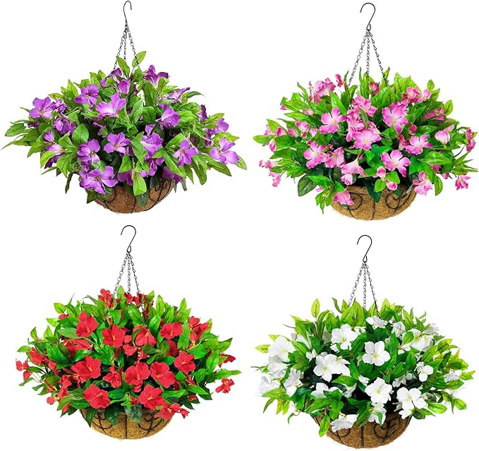 HyeFlora Artificial Hanging Flowers Basket for Outdoors Winter Christmas Decor, Realistic Fake Silk Hanging Plants for Outside UV Resistant for Patio Porch Home Decoration