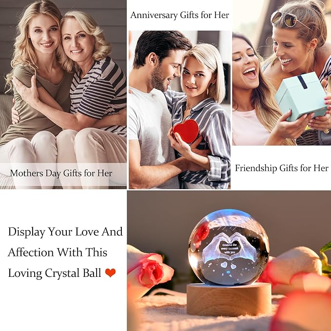 IFOLAINA 3D Heart Crystal Ball for Women Mom Wife Friends Christmas Glass Heart Hands Shaped Decor 2.36" Decorative Glass Sphere Lamp - Grateful for Every Moment with You