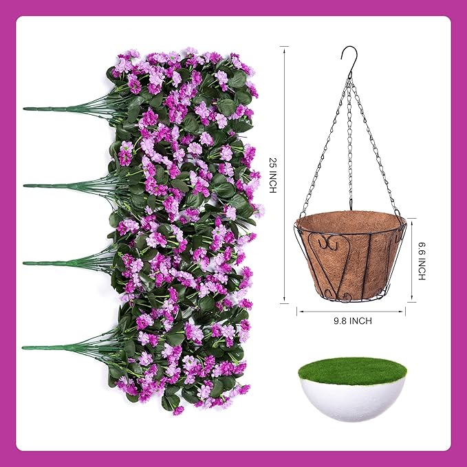 Artificial Flowers in Hanging Basket for Outdoors Indoors Decor, Artificial Mums Bush Flowers Plants with Baskets for Home Porch Garden Yard Patio Spring Summer Decoration (Purple Pink)
