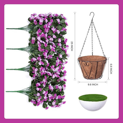 Artificial Flowers in Hanging Basket for Outdoors Indoors Decor, Artificial Mums Bush Flowers Plants with Baskets for Home Porch Garden Yard Patio Spring Summer Decoration (Purple Pink)