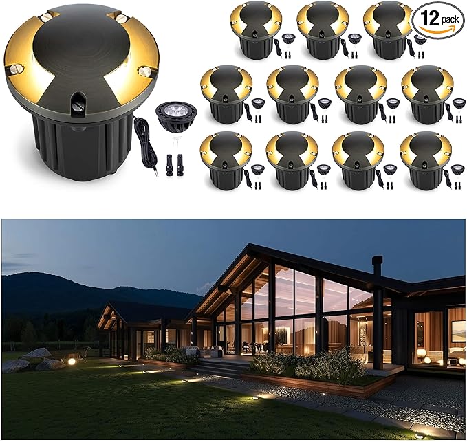 Gardenreet Landscape Low Voltage Well Light - Brass Electric LED 12V in-Grade Lighting, Replaceable Bulb Wired Fixture, Antique Bronze for Pathway Patio Yard with 5000K Daylight White MR16 Bulb