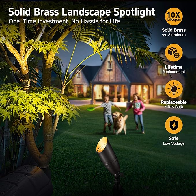 Gardenreet Brass Landscape Lighting - Low Voltage Spotlights Outdoor LED, 12V Wired Uplights, Waterproof Spot Lights, Antique Bronze for Outside Trees with 5W 2700K Warm White MR16 Bulb (4 Pack)