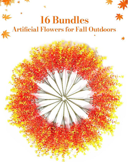 16 Bundles Artificial Flowers for Fall Outdoors Decoration - Fake Mums Faux Artificial Plants Plastic Flower No Fade for Harvest Halloween Thanks Giving Day Decor