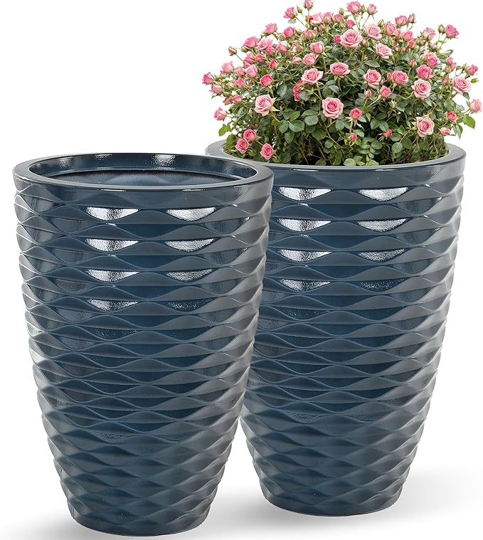 19" Ceramic-Look Tall Planters Set of 2, Outdoor/Indoor Large Flower Pots, Weather-Resistant Heavy-Duty Resin Pot Planters for Front Door, Garden, Patio, Porch, Entryway or Living Room Decor