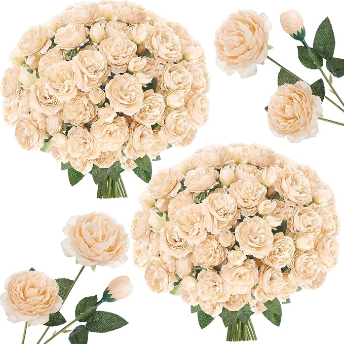 36 Bundles Artificial Flowers Peonies Roses Fake Bouquet for Wedding Bridal Shower Valentine's Day Decorations Fake Floral Arrangements Table Centerpieces Home Decor(Champagne)