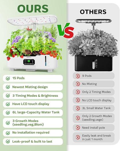 Misting Hydroponic Growing System Kit 15-Pods Indoor Smart Herb Garden Planter with LCD Touch Panel 6L Large Tank for Herb/Vegetables/Flowers/Fruits,Birthday&Christmas Gifts for Gardening Beginners