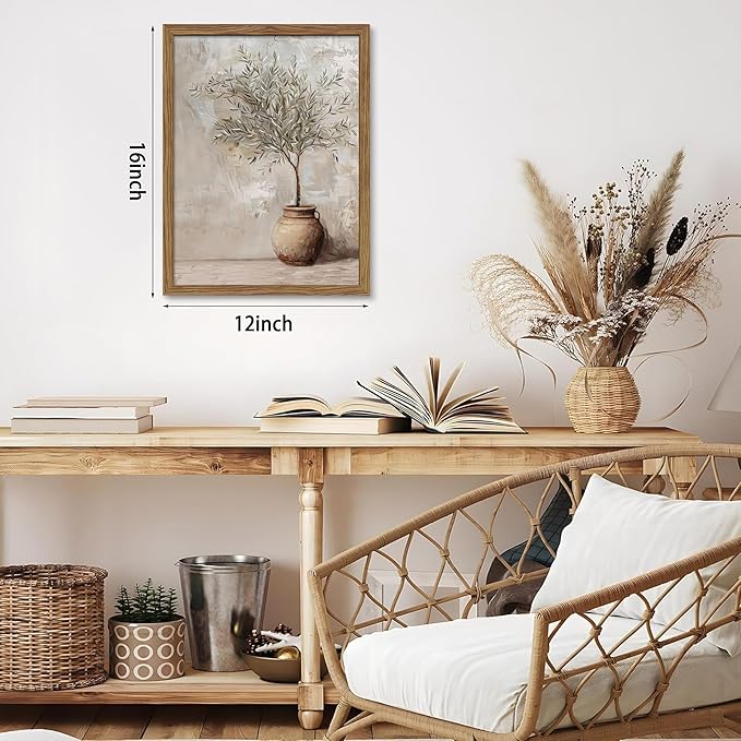 Vintage Olive Tree Framed Wall Art Prints, Modern Farmhouse Botanical Canvas, Rustic Potted Plant Paintings Wall Decor, Home Decor Aesthetic Pictures for Living Room Bedroom – 12x16 inch