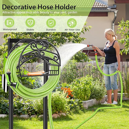 TomCare Garden Hose Holder Upgraded Water Hose Holder with Storage Basket Heavy Duty 4 Spikes Hose Hanger Holds 160 Feet Hoses Stable Freestanding Hose Storage Organizer for Outside Yard