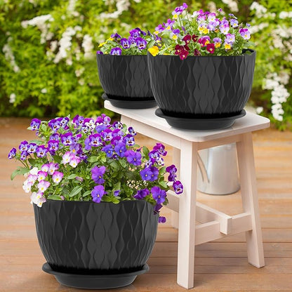 12/10/9 Inch Planter Pots, 3-Pack Large Flower Pots for Indoor Outdoor Garden Plants, Big Plant Pots with Multi Mesh Drainage Holes and Saucer (Black, 12"+10"+9")