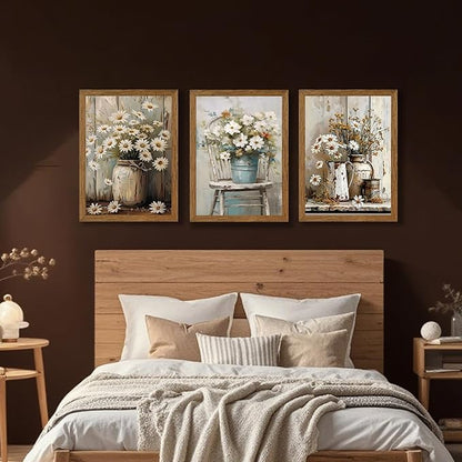 DUWQU 3 Piece Framed Elegant Farmhouse Canvas Wall Art, Vintage Floral Pictures Wall Decor, Nature Themed Daisy Art Prints for Living Room Bedroom Kitchen and Office Ready to Hang 16×24 Inches