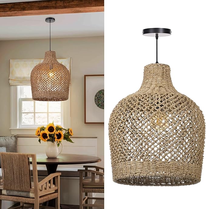 Arturesthome 1 Light Rattan Pendant Light Rattan Chandelier Handwoven Boho Coastal Pendant Lampshade Wicker Basket Ceiling Light Hanging Light for Dining Living Room D 15.7″* 19.6″