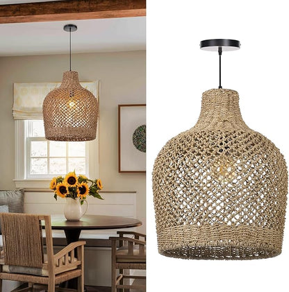 Arturesthome 1 Light Rattan Pendant Light Rattan Chandelier Handwoven Boho Coastal Pendant Lampshade Wicker Basket Ceiling Light Hanging Light for Dining Living Room D 15.7″* 19.6″
