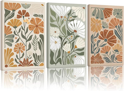 Kdyudo 3 pcs Framed Bohemian Wildflower wall art, Abstract Floral Canvas Print Green and Beige Hand-Painted Botanical Poster Modern Minimalist Style Wall Decor for Bedroom and Living Room 12x16 Inch