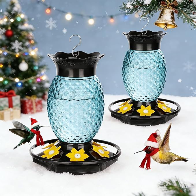 Glass Hummingbird Feeders for Outdoors Hanging Ant and Bee Proof 16OZ 2 Pack Blue Pineapple Humming Bird Feeder with 6 Feeding Ports and Ant Moat Hummingbird Gifts for Women Garden Decor