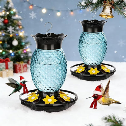 Glass Hummingbird Feeders for Outdoors Hanging Ant and Bee Proof 16OZ 2 Pack Blue Pineapple Humming Bird Feeder with 6 Feeding Ports and Ant Moat Hummingbird Gifts for Women Garden Decor