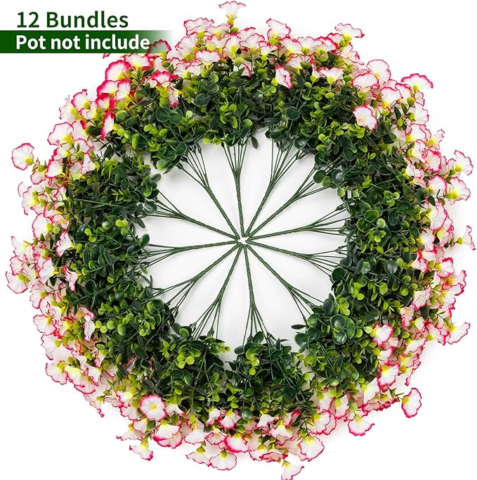Lnoicy Artificial Flowers for Outdoor 12 Bundles Eucalyptus Fake Flowers for Planter,UV Resistant Fake Morning Glory for Home/Porch/Garden Decoration（Pink）