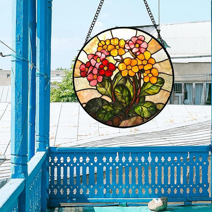 Stained Glass Window Hanging, Yellow Red Flowers Sun Catcher for Window Door Home Decor Green Plant Suncatcher Christmas Mother's Day Birthday Gifts for Women Men Mom and Nana 15 in