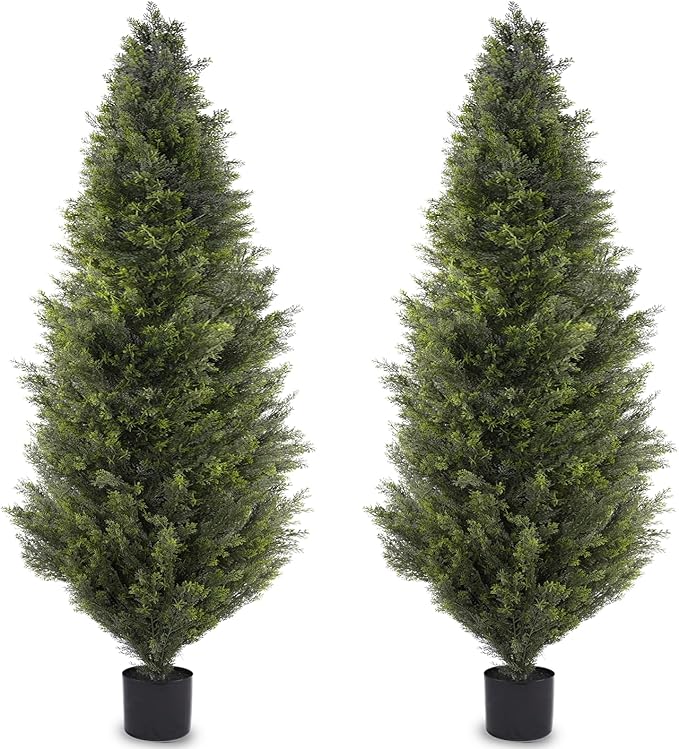 6FT Artificial Cedar Topiary Trees, Set of 2 Realistic Outdoor Indoor Fake Potted Plants with Planter, UV Resistant for Porch, Garden, Balcony, Patio & Office Decor