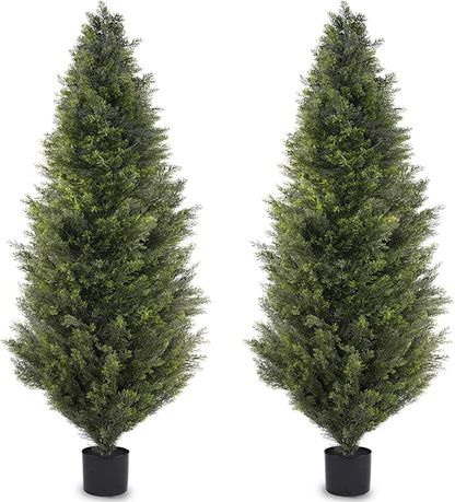 6FT Artificial Cedar Topiary Trees, Set of 2 Realistic Outdoor Indoor Fake Potted Plants with Planter, UV Resistant for Porch, Garden, Balcony, Patio & Office Decor