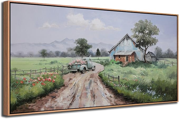 Framed Landscape Wall Art Canvas, Nature Painting Art Wall Decor for Living Room Farmhouse Picture Textured Large Farm Barn Artwork for Bedroom Home Office 48"x24"