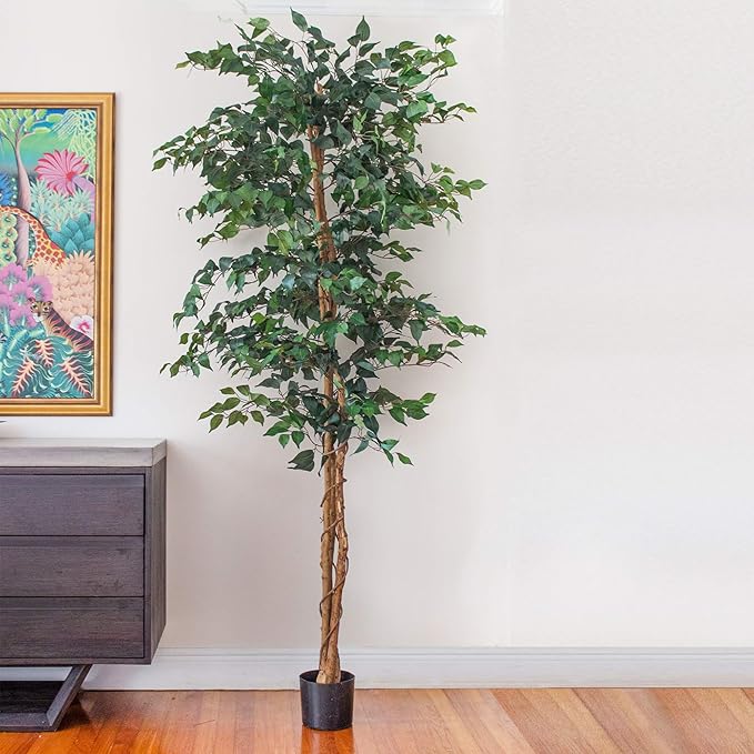 Nearly Natural 7ft Triple Trunk Artificial Ficus Tree with Natural Wood Trunks, Fake Tree for Indoor Home Décor, Faux Ficus Tree with Black Nursery Pot