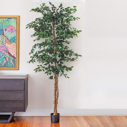 Nearly Natural 7ft Triple Trunk Artificial Ficus Tree with Natural Wood Trunks, Fake Tree for Indoor Home Décor, Faux Ficus Tree with Black Nursery Pot