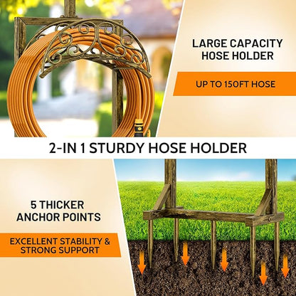 Garden Hose Holder - Upgraded Water Hose Holders for Outside with 5 Spikes & 2 Shepherds Hooks, Freestanding Hose Stand Hose Hanger Hose Storage Hose Reel Rack for Yard Lawn(Antique Golden)