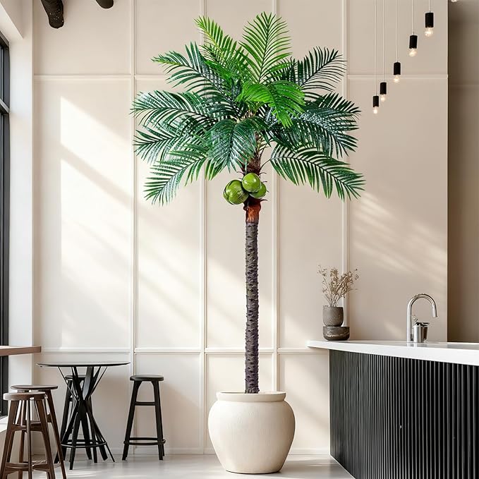 8.2FT Artificial Phoenix Palm Tree with Coconut Fruit Artificial Plants Indoor Outdoor Large Faux Coconut Palm Tree Tropical Fake Palm Plant for Modern Farmhouse Yard Outside Patio Poolside