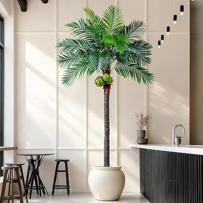 8.2FT Artificial Phoenix Palm Tree with Coconut Fruit Artificial Plants Indoor Outdoor Large Faux Coconut Palm Tree Tropical Fake Palm Plant for Modern Farmhouse Yard Outside Patio Poolside