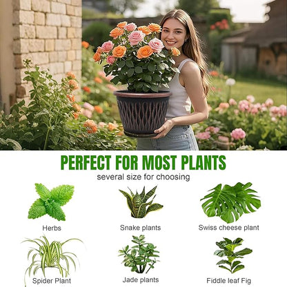 4 Pack 9 Inch Retro Plant Pots, Vintage Striped Flower Pots with Drainage Hole & Saucer, Large Plastic Planters for Indoor and Outdoor Plants, Decorative Garden Pots(Copper)