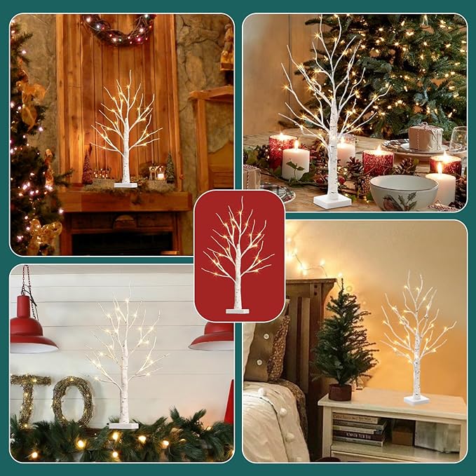 PABIPABI Lighted Birch Tree with LED Lights Christmas Decorations, Small Artificial Bonsai Tree Lights with Timer, LED Tabletop Trees for Home Wedding Decor