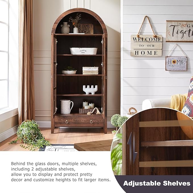 71" Tall Arched Cabinet, Modern Farmhouse Wooden Display Cabinet with Drawer and Glass Doors, 6 Tier Bookshelf w/Adjustable Shelves for Living Room, Office, Walnut