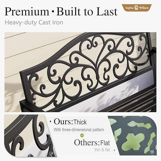 Sophia & William Outdoor Bench, Metal Garden Bench, Cast Iron Park Benches for Outside with Floral Design Backrest, Black