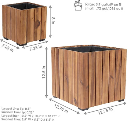 Sunnydaze Indoor/Outdoor Wooden Planter Boxes - 2 Acacia Wood Square Plant Pots with Plastic Liners - Light Brown Stain