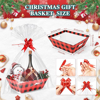 AFOROEOA 10PACK Christmas Gift Baskets Empty, Baskets For Gifts Empty 10x12”Thick Gifts Basket with 10 Bows 10 Bags Gift Basket for Christmas Xmas Wedding Birthdays Party Wrapping （Red Plaid）