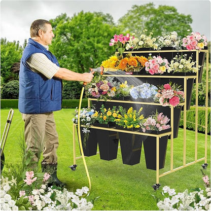 4 Layers Flower Display Stand with Buckets, 16 PCS Buckets Plant Stand with Wheels, Movable Metal Plant Stand for Terrace Garden, Living Room, Florist Shop