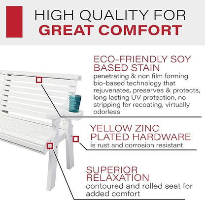 Amish Casual Heavy Duty Pressure Treated 4 Foot Outdoor Garden Bench with Cup Holders - Amish Crafted Roll Back Design in White Stain, 700 Lb Weight Capacity