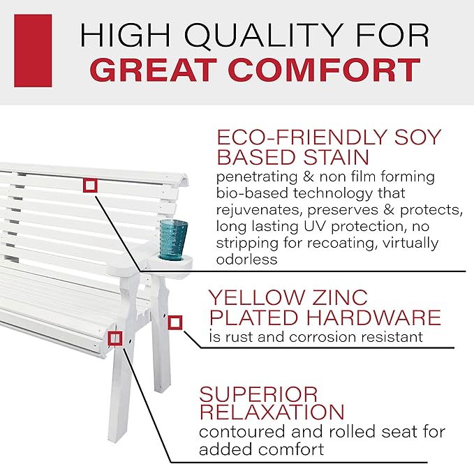 Amish Casual Heavy Duty Pressure Treated 5 Foot Outdoor Garden Bench with Cup Holders - Amish Crafted Roll Back Design in White Stain, 700 Lb Weight Capacity